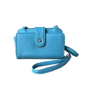 NWT Roma Leathers Blue Phone Pouch with Credit Card Slots Shoulder Strap Wallet